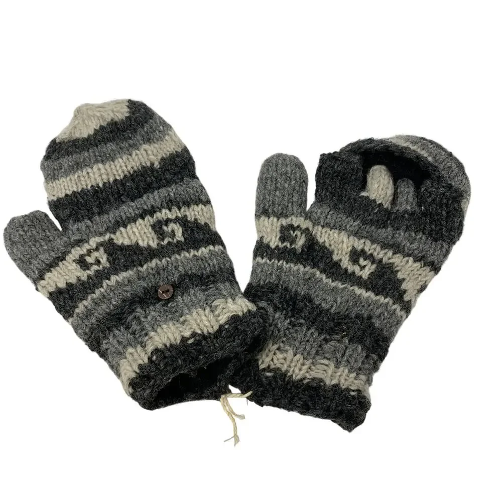 100% Wool Convertible Mittens Fingerless Gloves Nepal Gray Fair Isle Hand Knit